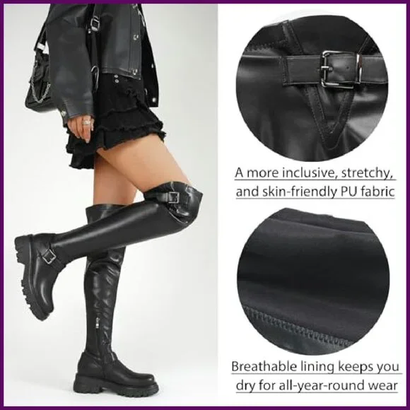 Women's Over The Knee Boots Platform Buckle Lug Sole Stretch Zipper